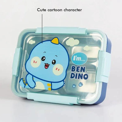 Blue Dino Themed Transparent Lid Double Lock Stainless Steel Kids Lunch Box | Big Size