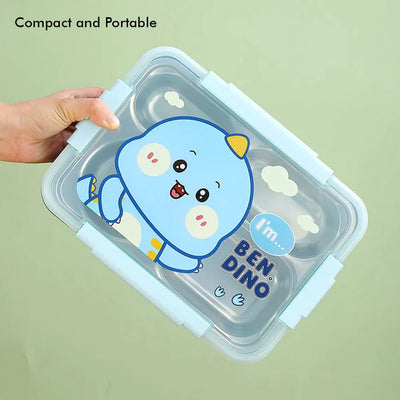 Blue Dino Themed Transparent Lid Double Lock Stainless Steel Kids Lunch Box | Big Size