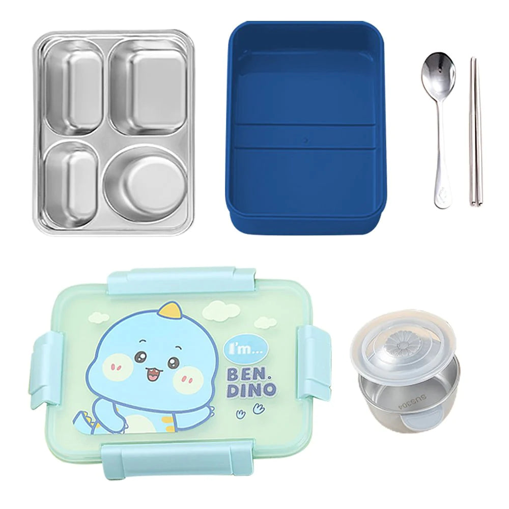 Blue Dino Themed Transparent Lid Double Lock Stainless Steel Kids Lunch Box | Big Size