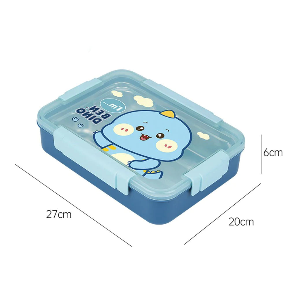 Blue Dino Themed Transparent Lid Double Lock Stainless Steel Kids Lunch Box | Big Size