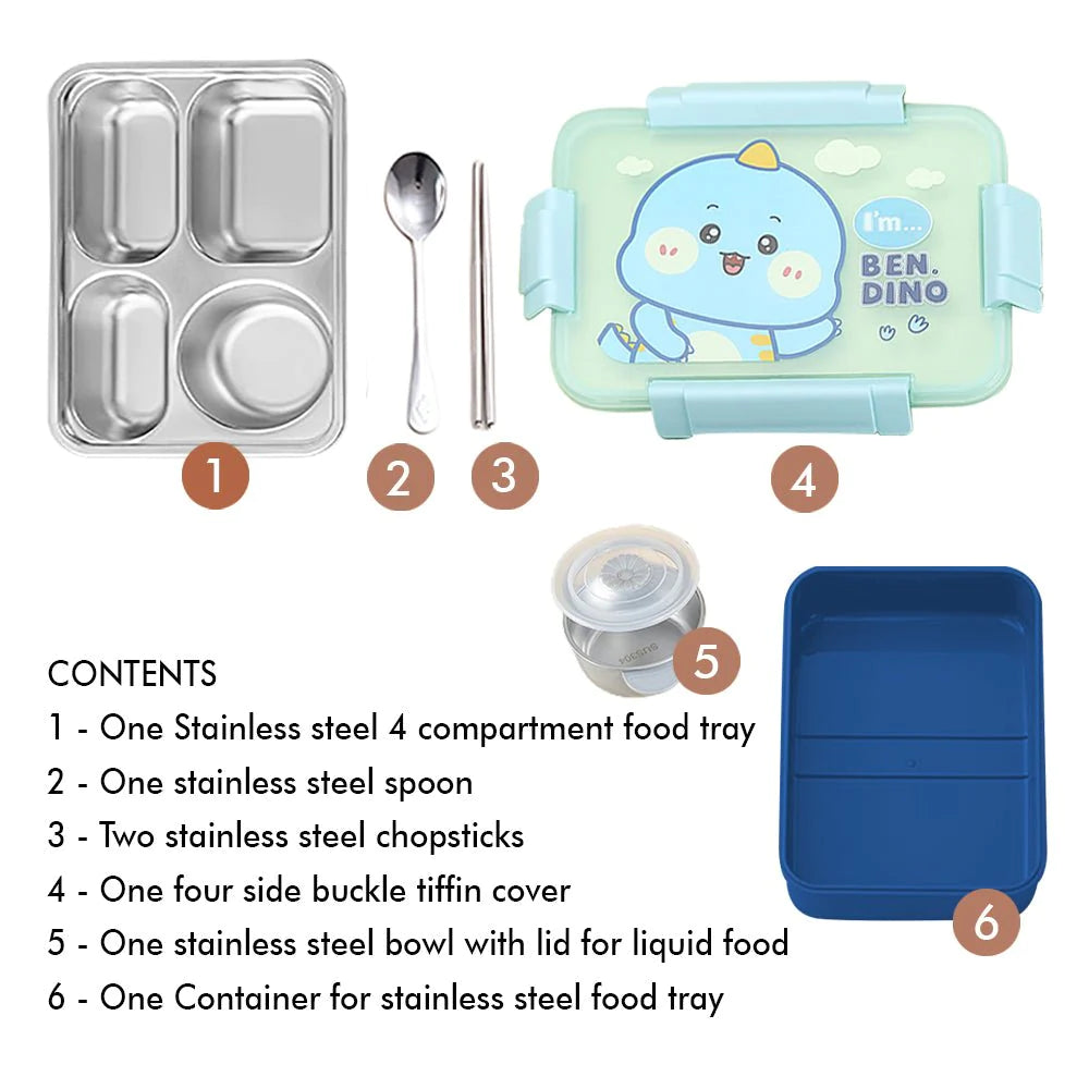 Blue Dino Themed Transparent Lid Double Lock Stainless Steel Kids Lunch Box | Big Size