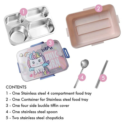 Unicorn Theme Stainless Steel Lunch Box (Pink) | Big Size