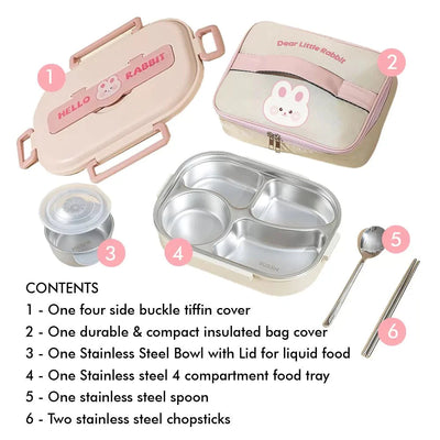 Pink Rabbit Stainless Steel Lunch Box with Insulated Matching Lunch Bag  | Big Size