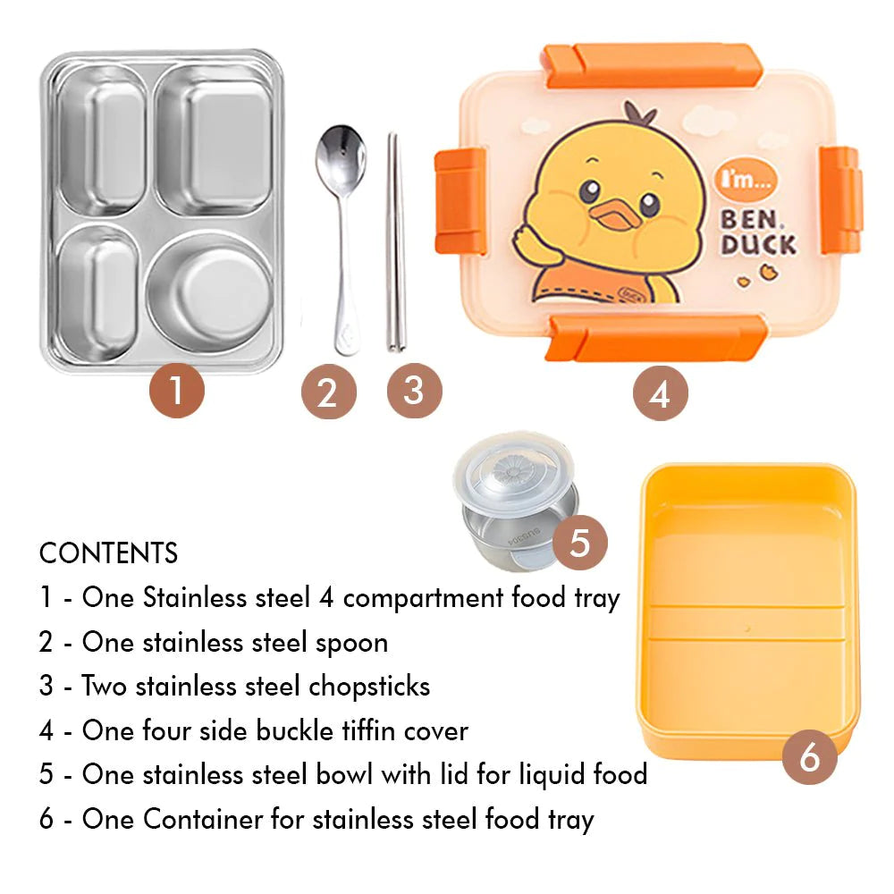 Yellow Duck Theme Transparent Lid Double Lock Stainless Steel Kids Lunch Box | Big Size