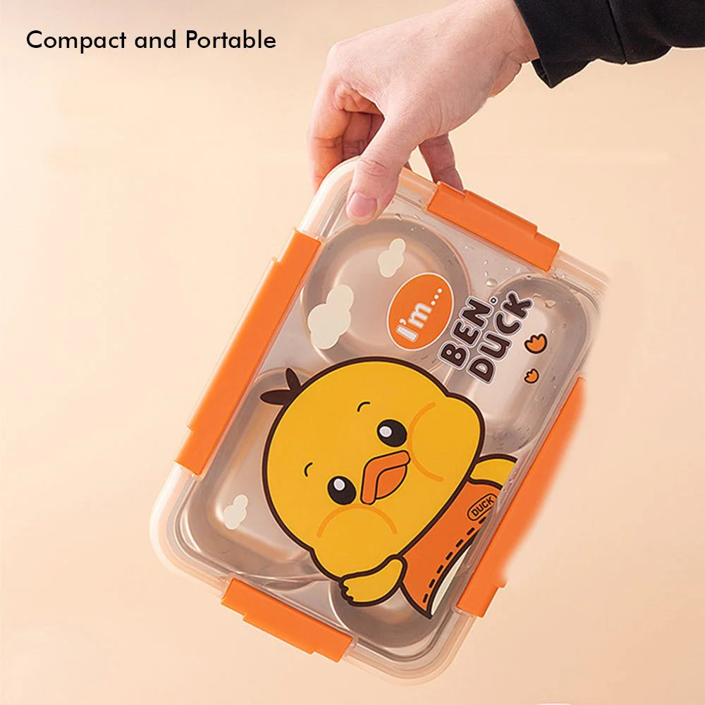 Yellow Duck Theme Transparent Lid Double Lock Stainless Steel Kids Lunch Box | Big Size