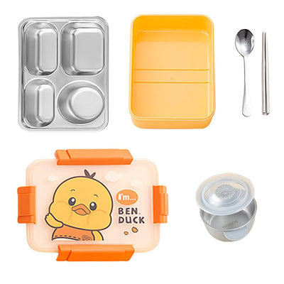 Yellow Duck Theme Transparent Lid Double Lock Stainless Steel Kids Lunch Box | Big Size