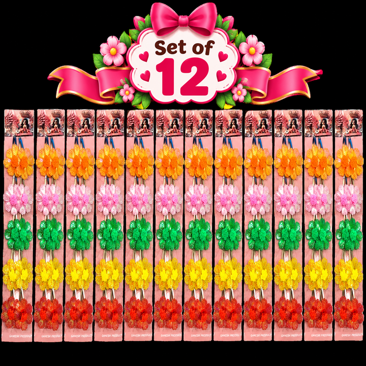 Set of 12 Flower Design Hair Clip Sets – 10 Pieces Each | Colourful Glitter Floral Hair Accessories for Girls | Kanjak Special