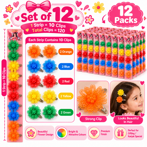 Set of 12 Flower Design Hair Clip Sets – 10 Pieces Each | Colourful Glitter Floral Hair Accessories for Girls | Kanjak Special
