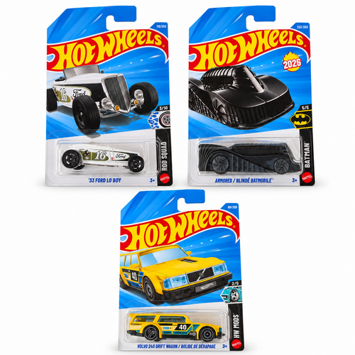 Set of 3 Hot wheels [HW 488] - Volvo 240 Drift Wagon/ Bolide De Derapage, '33 Ford Lo Boy, Armored/ Blinde Batmobile