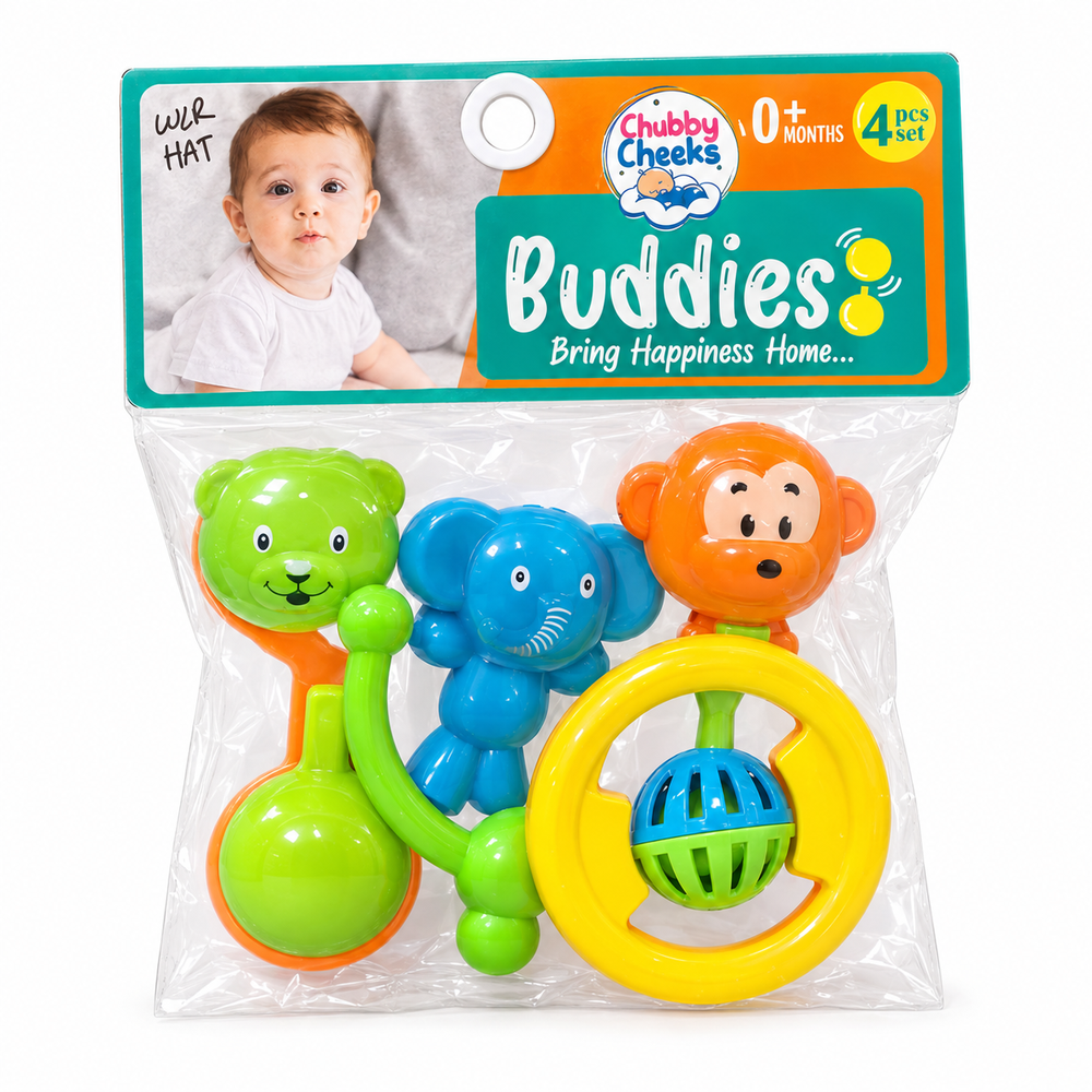Chubby Cheeks Buddies 4-Piece Baby Rattle Set | Colorful Animal-Shaped Sensory Toys