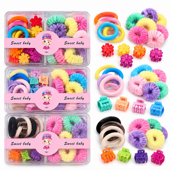 Sweet Baby Colourful Hair Accessories Set for Kids | Hair Ties, Scrunchies & Mini Claw Clips
