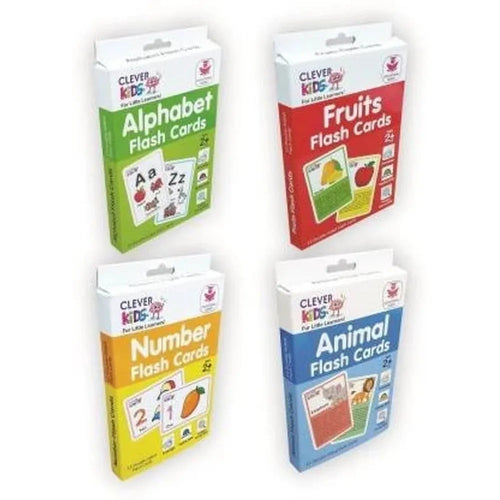 Clever kids by  Ratna Clever Kids Pack of 4 Flash Cards I Alphabet, Numbers, Fruits & Animals