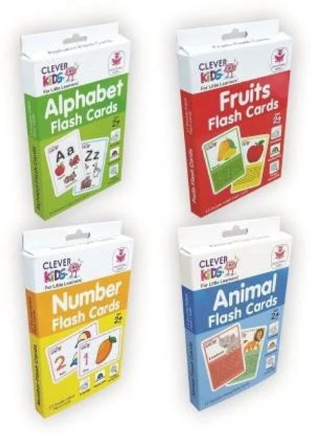 Clever kids by  Ratna Clever Kids Pack of 4 Flash Cards I Alphabet, Numbers, Fruits & Animals