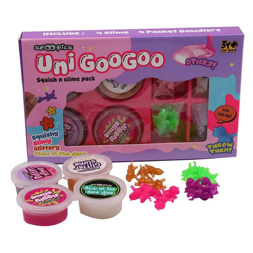 Scoobies Uni GooGoo Slime Set (Pink) – 4 Slimes + 20 Unicorn Dawdlers | Creative Sensory Play