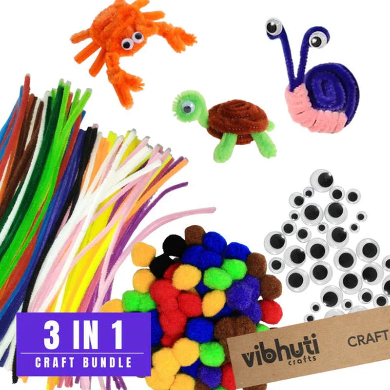 3-in-1 Creative Craft Bundle - Pipe Cleaners, Pompoms,  Googly Eyes - DIY Projects and Art Activities Supplies