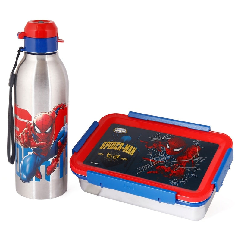 Original Licensed Disney Marvel Steel Lunch box and Merit & Clip Up Cartoon Water Bottle - Spiderman
