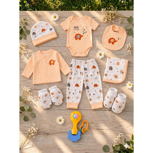 Mama's Care Hello Lil One Gift Set - Pack of 10+1 Teether Cum Rattle | Light Peach
