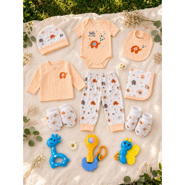 Mama's Care Hello Lil One 13 Pieces Gift Set - Pack of 10+3 Teether & Rattle | Peach