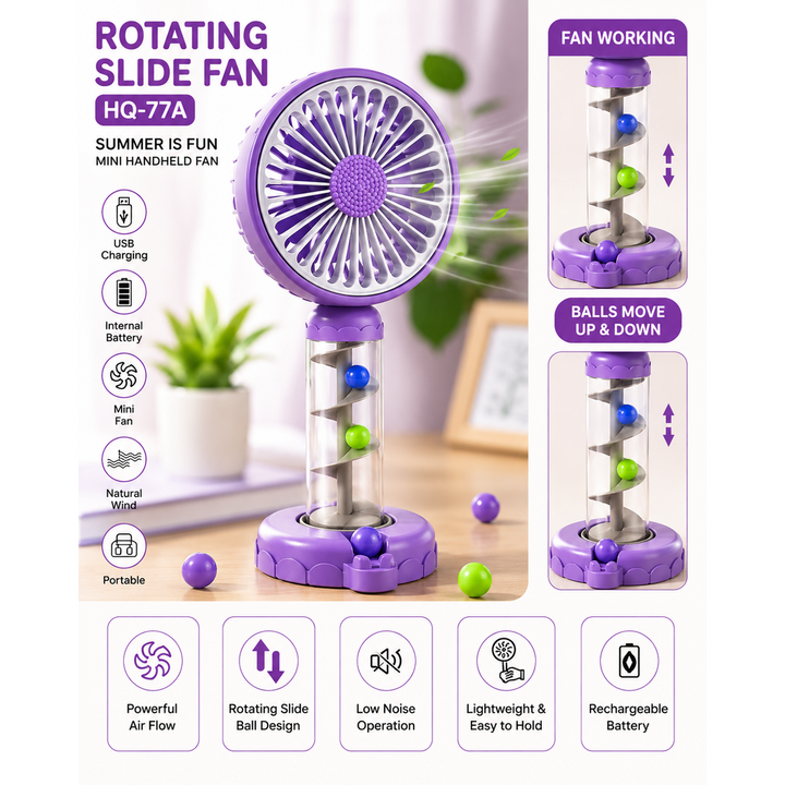 Rotating Slide Mini Handheld Fan | USB Rechargeable Portable Fan with Moving Ball Design