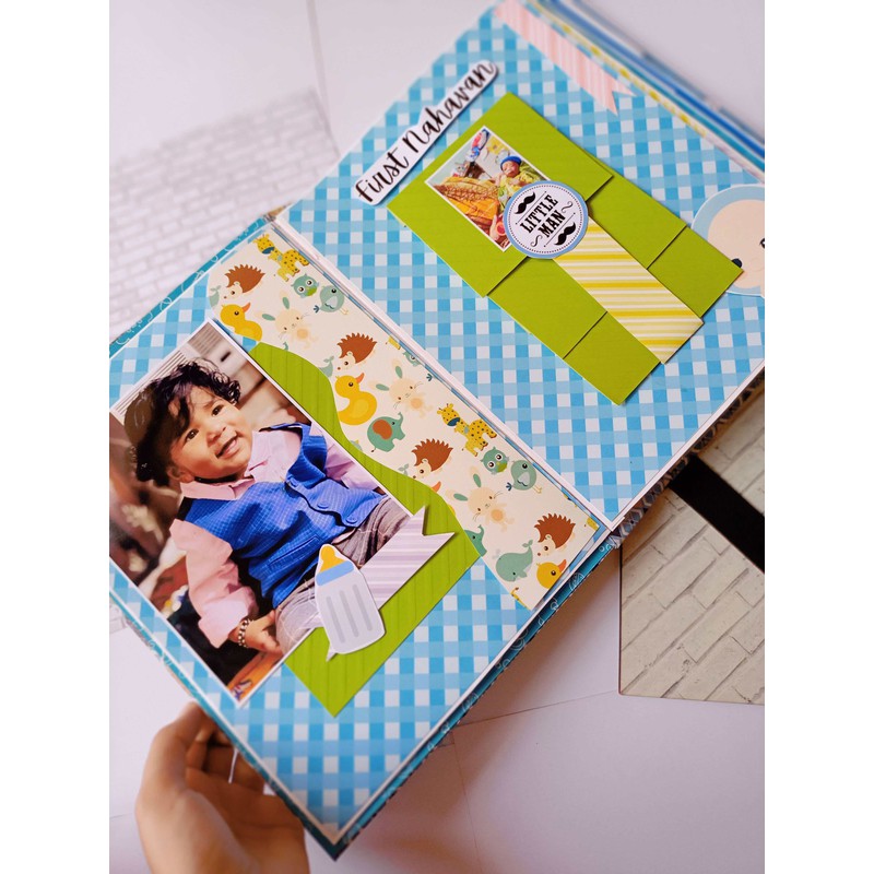 Baby Boy Scrapbook in Brown and Blue | Baby Album Personalised with Photos (COD Not Available)