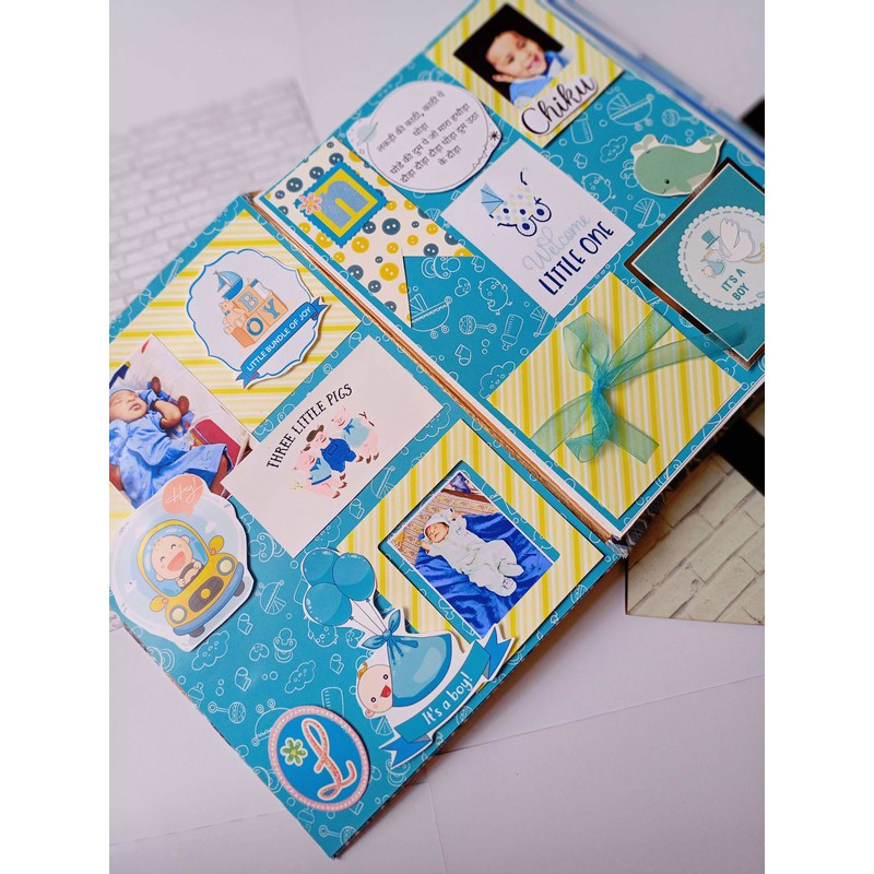 Baby Boy Scrapbook in Brown and Blue | Baby Album Personalised with Photos (COD Not Available)