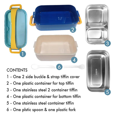  Double Storey Curvy Handle Stainless Steel Lunch /Tiffin Box for Kids (Blue/Yellow)