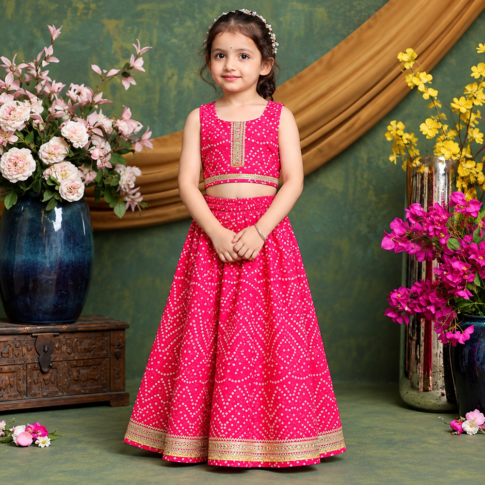 Saka Designs Girls Pink Bandhani Printed Lehenga Choli Set | Sleeveless Embellished Blouse & Flared Skirt | Traditional Festive & Wedding Wear