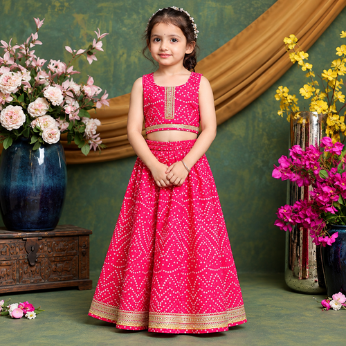 Saka Designs Girls Pink Bandhani Printed Lehenga Choli Set | Sleeveless Embellished Blouse & Flared Skirt | Traditional Festive & Wedding Wear