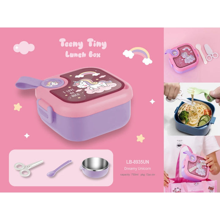 Space/Unicorn/Dino/Duck Printed Square - 750ml Lunch Box with Spoon & Scissor