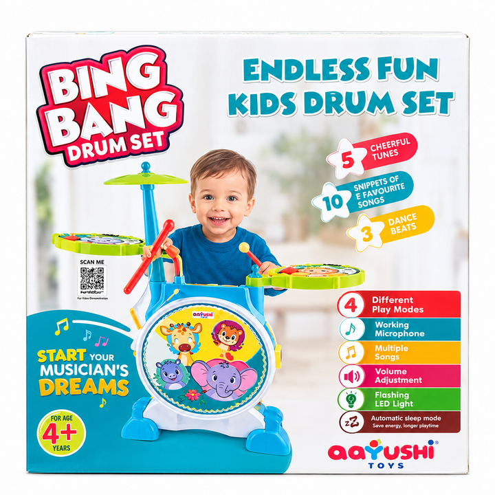Aayushi Toyz Bing Bang Drum Set | Musical Drum Kit with Microphone, Cymbal, Lights & Songs | Pretend Play Music Toy