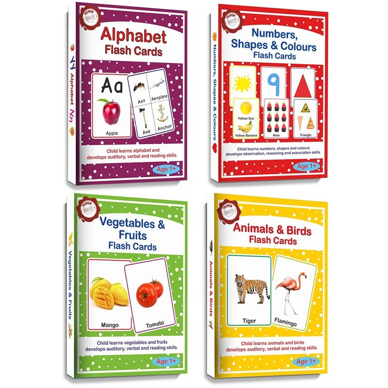 Large Size Flash Cards of Alphabets, Numbers, Shapes, Colours, Fruits, Vegetables, Animals and Birds for Kids - 4 Sets