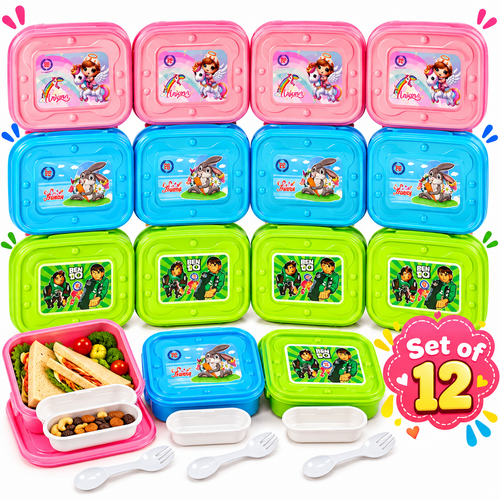 Set of 12 Lunch Boxes with Small Dibbi & Spoon-Fork | Assorted Colour and Design | Kanya Pujan & Kanjak Gifts | Kanjak Special