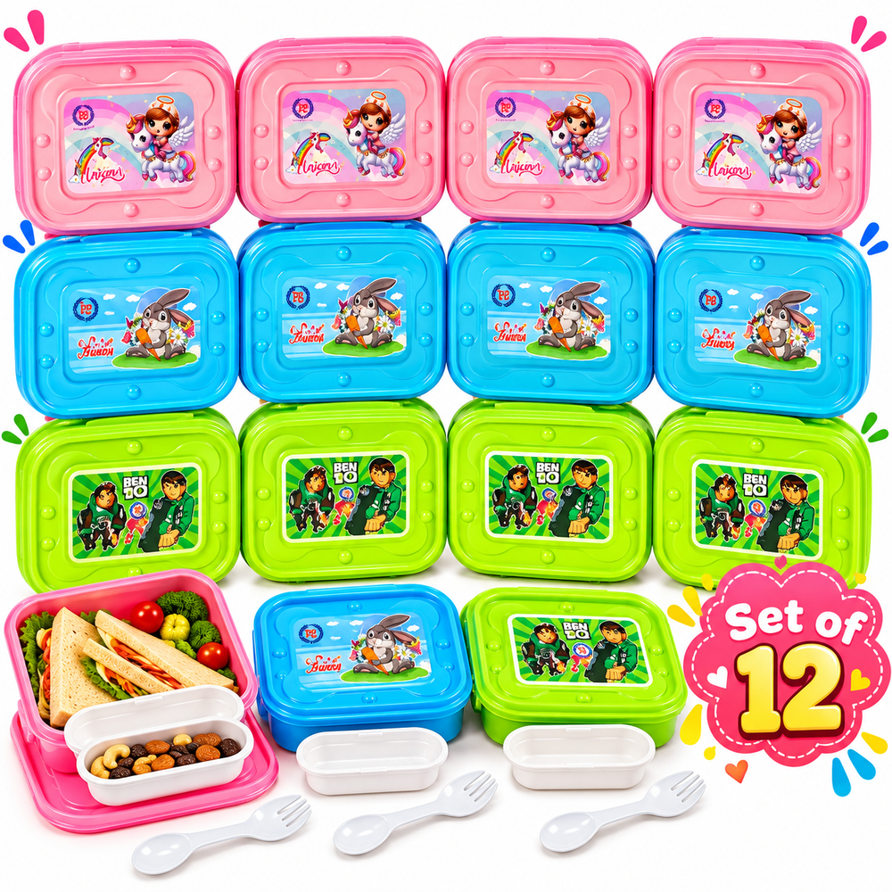 Set of 12 Lunch Boxes with Small Dibbi & Spoon-Fork | Assorted Colour and Design | Kanya Pujan & Kanjak Gifts | Kanjak Special