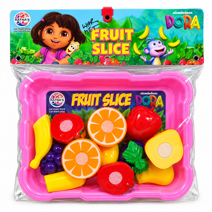 Ratnas Dora Fruit Slice Toy Set for Kids – Realistic Sliceable Play Food Kitchen Set with Storage Tray | Pretend Play