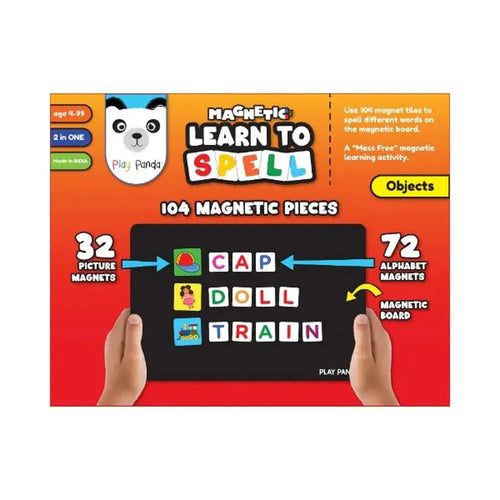 Play Panda Magnetic Learn to Spell - Objects I 104 Magnetic Tiles, Magnetic Board and Spelling Guide