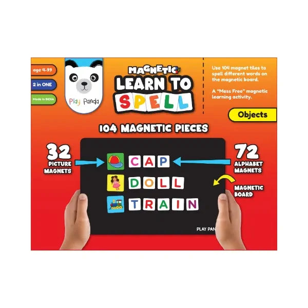 Play Panda Magnetic Learn to Spell - Objects I 104 Magnetic Tiles, Magnetic Board and Spelling Guide