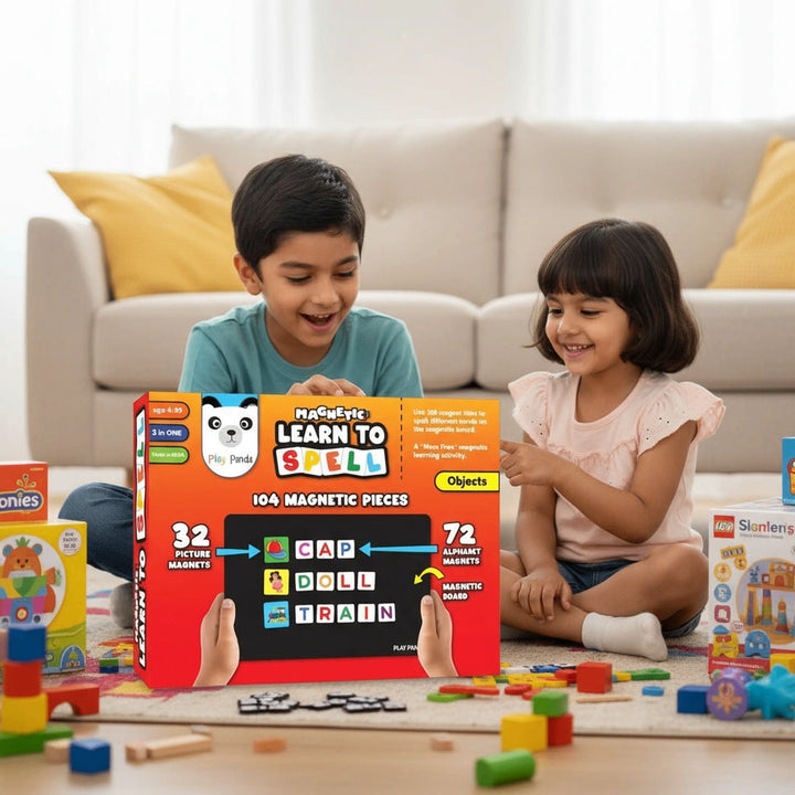 Play Panda Magnetic Learn to Spell - Objects I 104 Magnetic Tiles, Magnetic Board and Spelling Guide