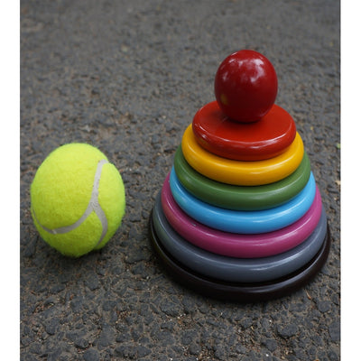 Colorful Wooden Round Seven Stone Lagori Pitthu Game Set with Ballional Indian Stacking and Balancing Game