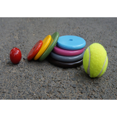 Colorful Wooden Round Seven Stone Lagori Pitthu Game Set with Ballional Indian Stacking and Balancing Game