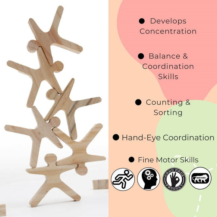 Balancing Stacking Toy Human Shapes Wooden Blocks Natural Brown for Kids (Set of 16 pieces)