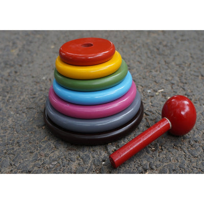 Colorful Wooden Round Seven Stone Lagori Pitthu Game Set with Ballional Indian Stacking and Balancing Game