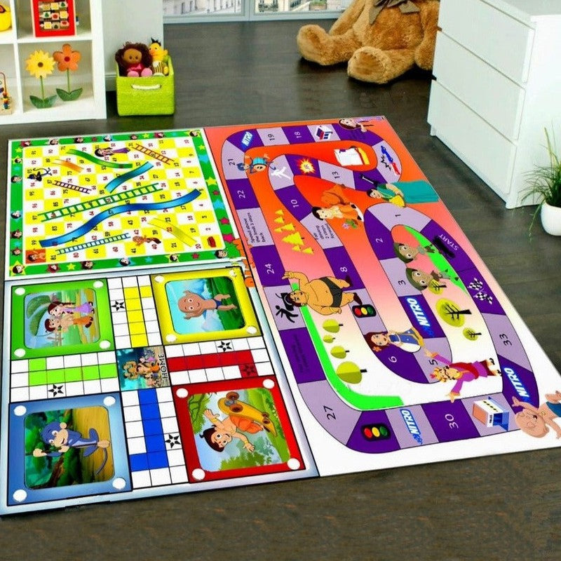 Reversible Chota Bheem Cartoon Printed Jumbo 3 in 1 Ludo, Snake & Ladder Mat Dice and Tokens