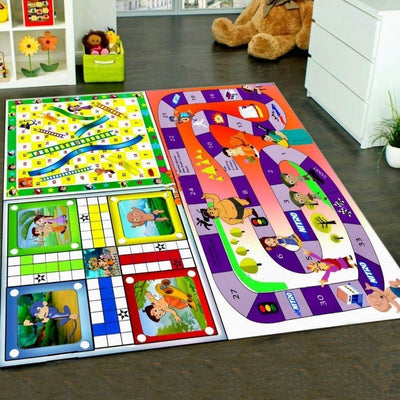 Reversible Chota Bheem Cartoon Printed Jumbo 3 in 1 Ludo, Snake & Ladder Mat Dice and Tokens