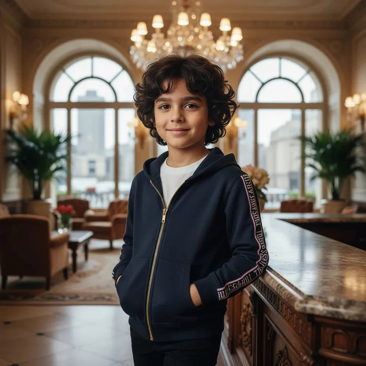 Trussardi Junior Navy Blue Zipper Hoodie with Logo Tape (Boy)