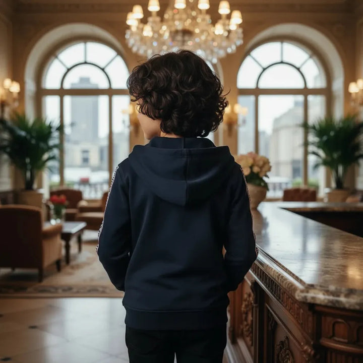Trussardi Junior Navy Blue Zipper Hoodie with Logo Tape (Boy)