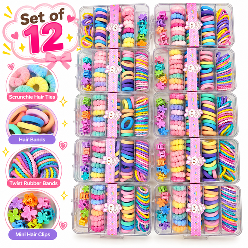 Set of 12 Small Clutchers & Rubber Bands Hair Accessories Big Boxes | Assorted Designs | Gift Box for Kanjak