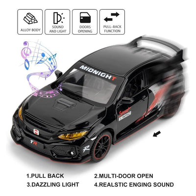 Resembling Honda Civic Type R Diecast Metal Car with Pullback Function, Light, Sound & Openable Doors | 1:32 Scale Model