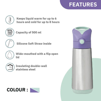 Insulated Straw Sipper Drink Water Bottle 500ml Lilac Pop Purple