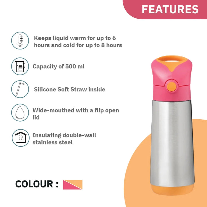 Insulated Straw Sipper Drink Water Bottle 500ml Strawberry Shake Pink Orange