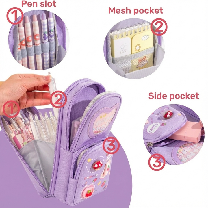 FunBlast Canvas Pencil Case - Large Capacity Hangable Triple Layer